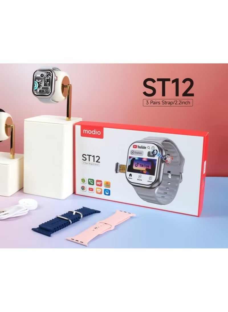 modio ST12 Smart Watch 2.2” Full Screen Touch Display, 4G SIM Support, Wireless Charging, 3 Interchangeable Straps, Fitness Tracker & Notifications, Silver - Image 5